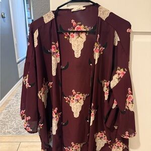 Peach Love California Burgundy Floral Kimono